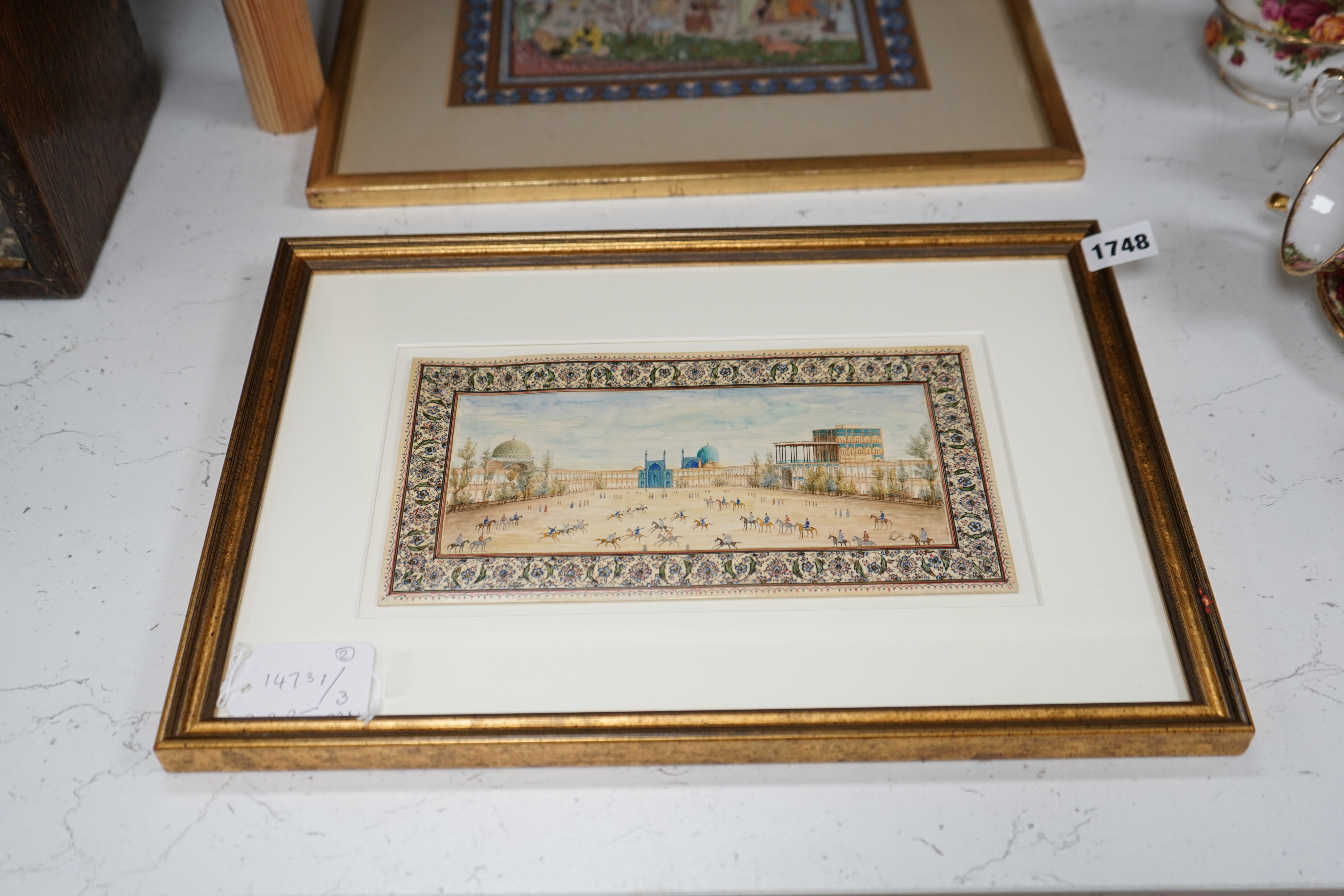 20th century, Persian School, watercolour on faux ivory panel, Figures on horseback together with similar watercolour on card, largest 33 x 25cm. Condition - fair to good